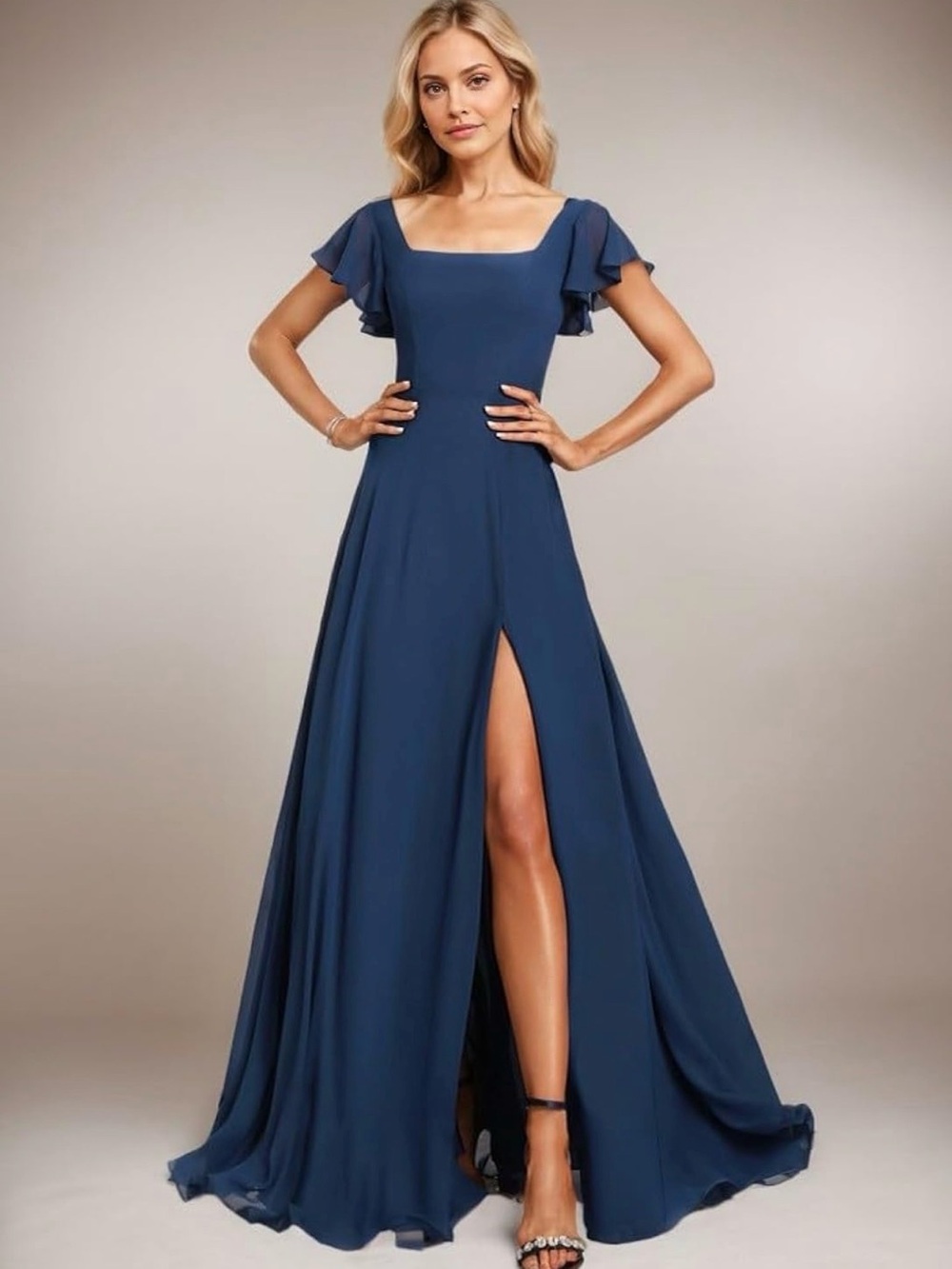 Elegant Navy Square-Neck Maxi Dress with Flutter Sleeves
